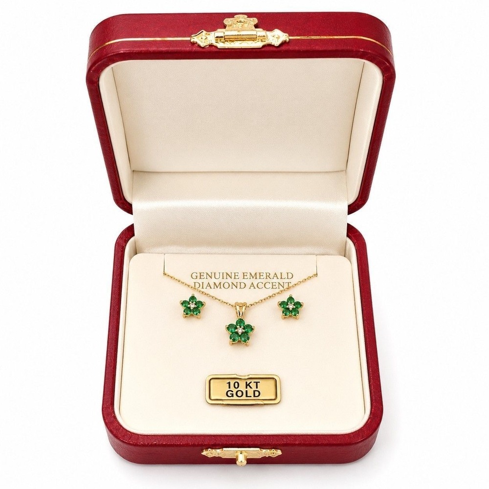 ⚜️2. 10K Yellow Gold Emerald Necklace & Earring Set